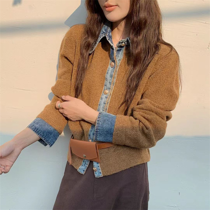 Sweater Knitwear for Women in Autumn, Korean Chic, High-End, Lazy Style, Fashionable Denim Splicing, Slimming Cardigan for Women