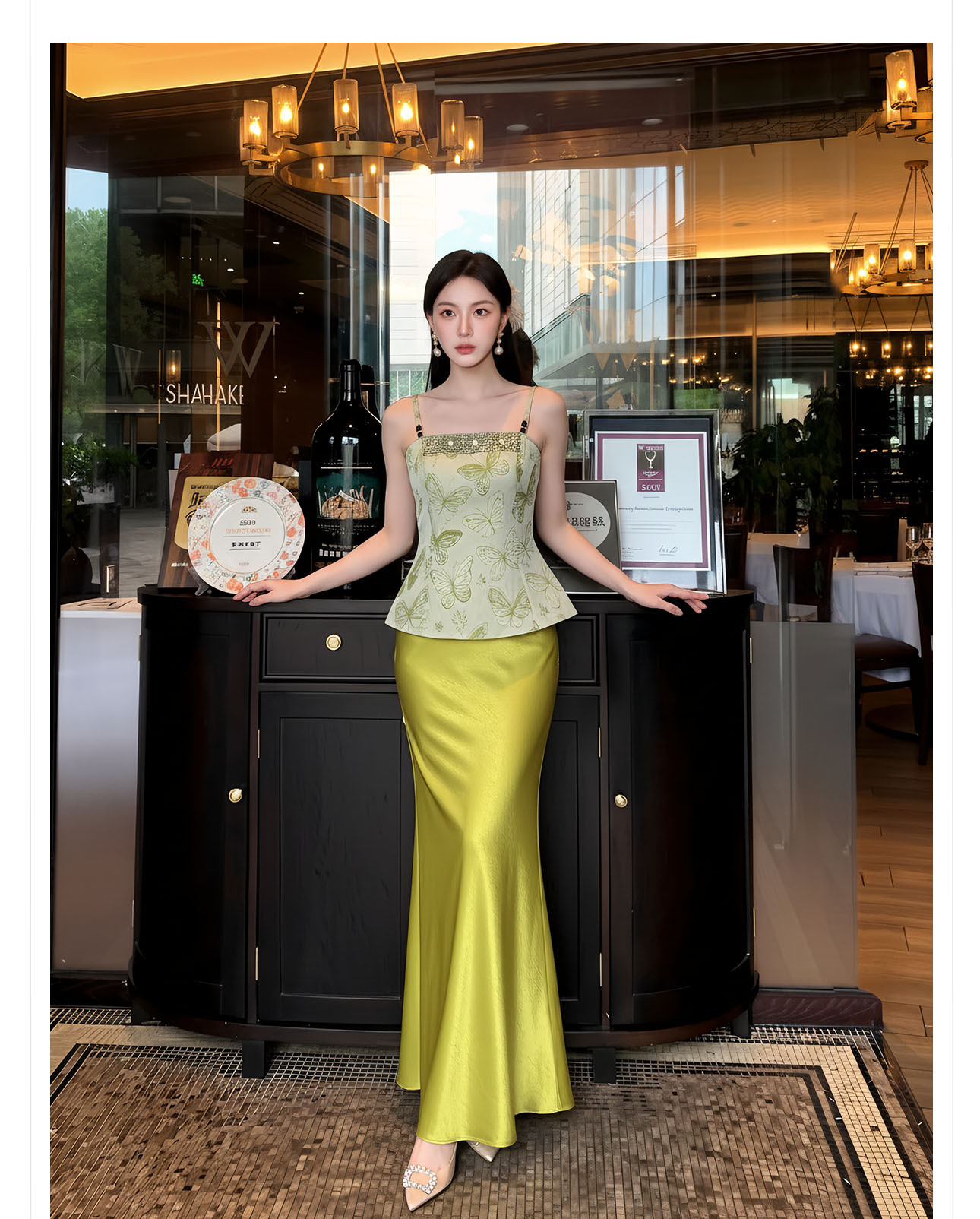 Bộ đầm maxi thắt eo phong cách Tân Trung Hoa thêu ren cổ điển — bộ đồ, Trang chủ, Màu xanh lá cây nửa váy chi tiết 9