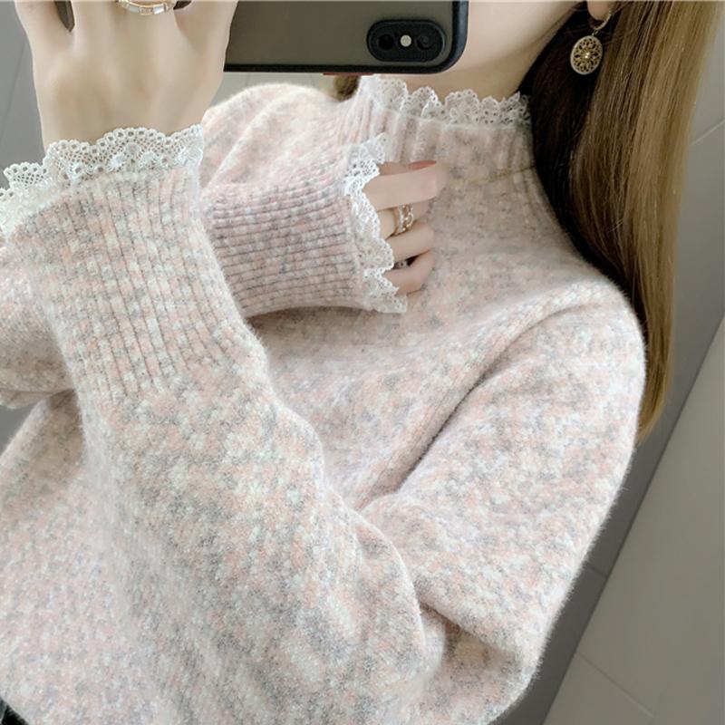 Winter Chenille lace edge half high neck sweater for women's knitwear 2023 plush and thick sweater for women's base