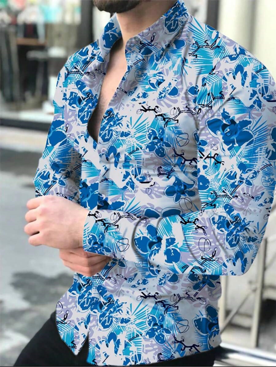 Moda todo fósforo color sólido tinta flor impresión digital 3D hombres primavera y otoño suelta camisa de botón de solapa de manga larga