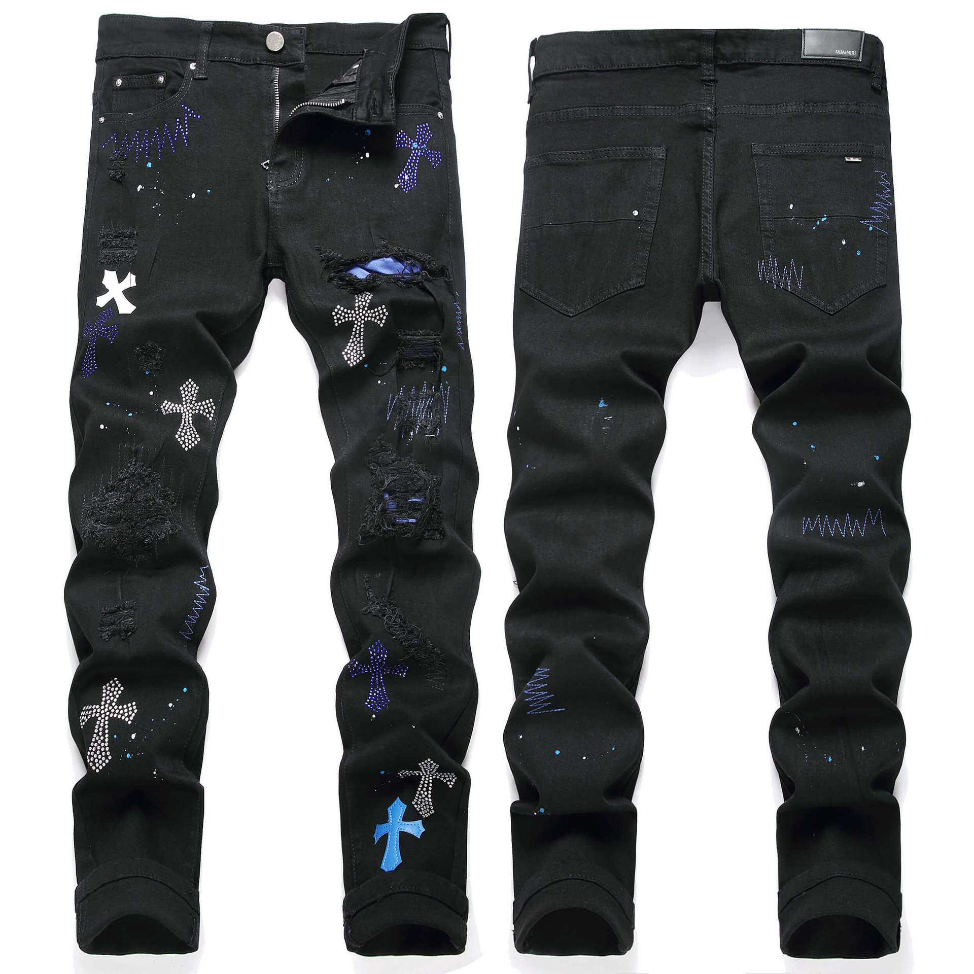 AM European and American high street black youth Cross badge skinny pants stretch ripped patch skinny jeans men 3109