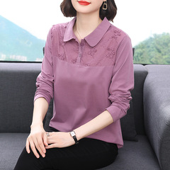 ファッショナブルなスプライシング長袖ラペル Tシャツ女性の春と夏の薄い綿の女性のクロスボーダー卸売中高級母服