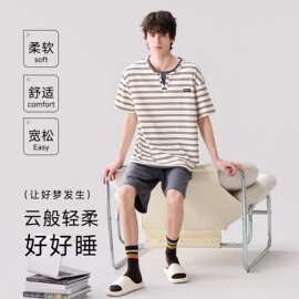 夏季新款纯棉男士短袖短裤套头睡衣时尚休闲男家居服图片色居家