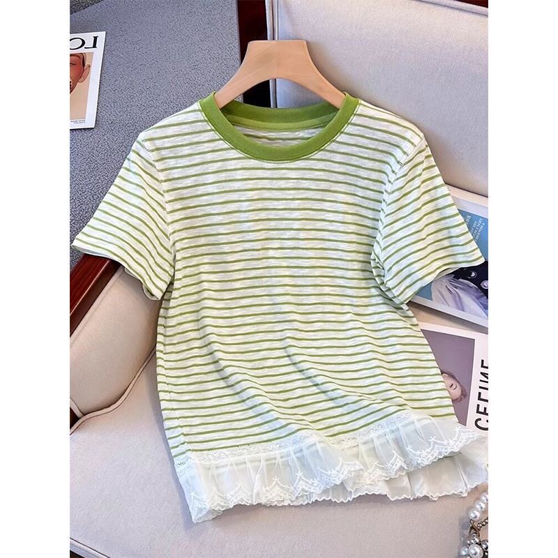Plus size 1.0-150kg striped short-sleeve t-shirt for women, new summer design, unique style for plus-size ladies, lace splicing versatile top Plus size 1.0-150kg striped short-sleeve t-shirt for women, new summer design, unique style for plus-size ladies, lace splicing versatile top