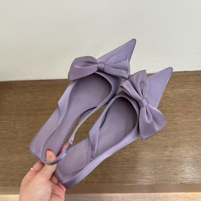 Elegant Satin Bow Pointed Toe Empty Sandals Women's 2025 Spring New Satin Pointed Toe Thin-heeled Cat Documentary Shoes Women