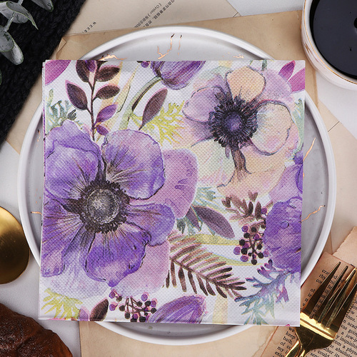 工厂新款创意个性复古紫色花卉 餐巾纸野餐装饰原生木浆纸巾