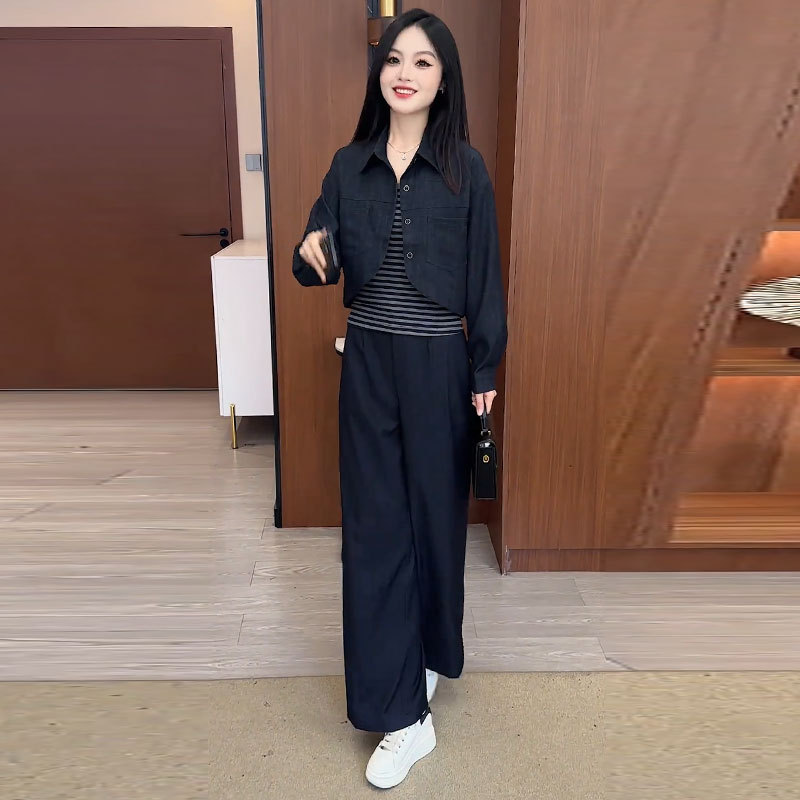 时尚牛仔套装女2025秋季新款洋气显瘦短外套条纹背心阔腿裤三件套|undefined
