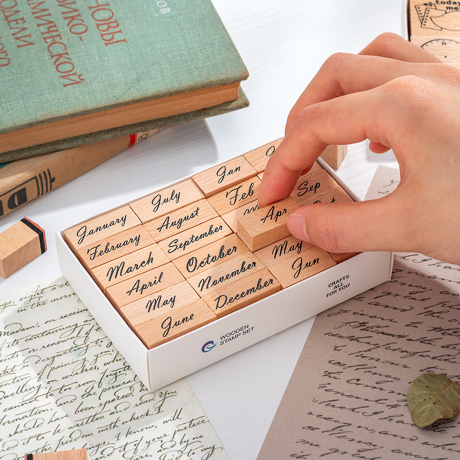 Sello de madera Tiempo Sello de madera Juego de cajas Mes de la semana Decoración de la cuenta manual digital Fecha transfronteriza Plan Sello de tiempo