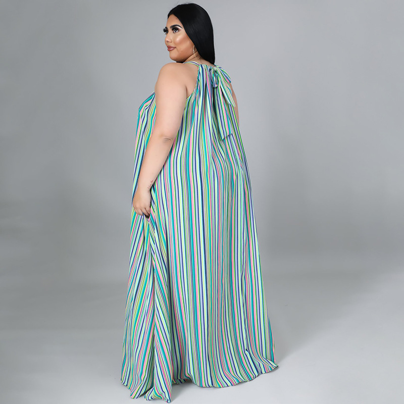 plus size Loose sleeveless lace-up striped Dress NSLNW122690