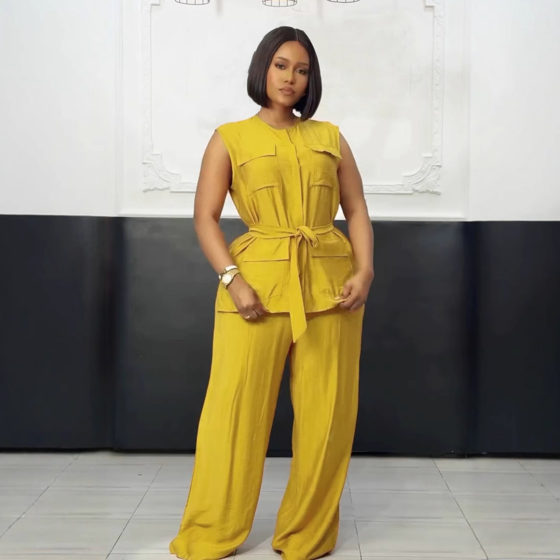 Elegant Sleeveless Vest & Wide-Leg Pants Set – Breathable Polyester Two-Piece Outfit (White/Pink/Yellow/Orange, S-3XL)​_ecoleips.com