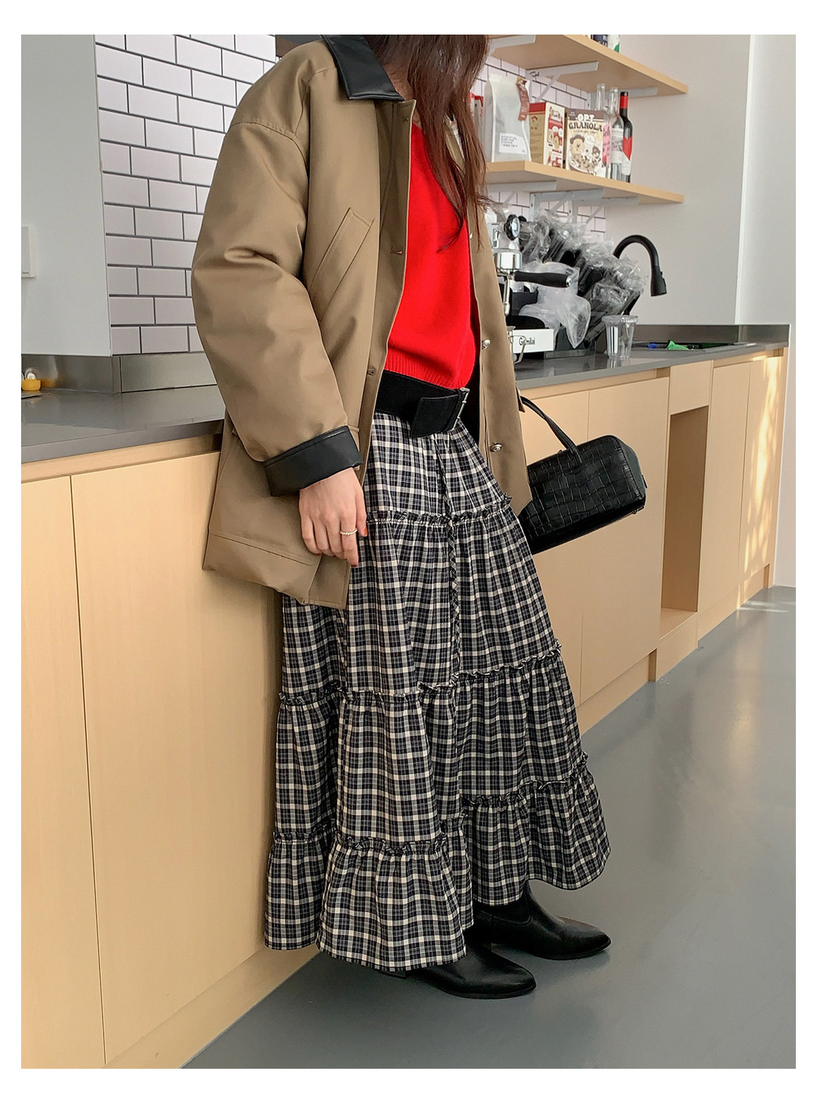 GraceChic GraceChic GraceChic Inbyin Gonna midi a quadri arricciati in stile coreano per donna, lunga vita elastica, che copre i fianchi, snellente_voghion.com