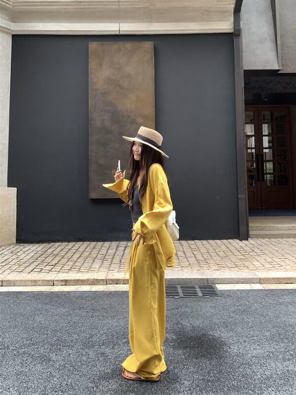 慵懒风黄色单排扣长袖衬衫女2025新款秋季显瘦休闲裤长裤两件套|undefined