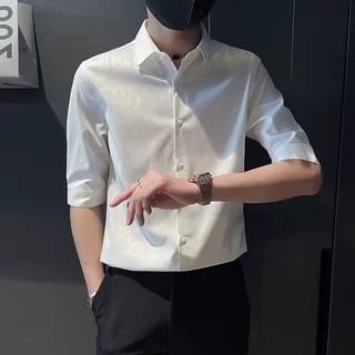 夏季七分袖衬衫男士感潮流痞帅修身字母印花潮牌翻领上衣衬衣