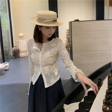 洋槐白梨春夏季新中式刺绣薄纱打底针织衫女长袖上衣