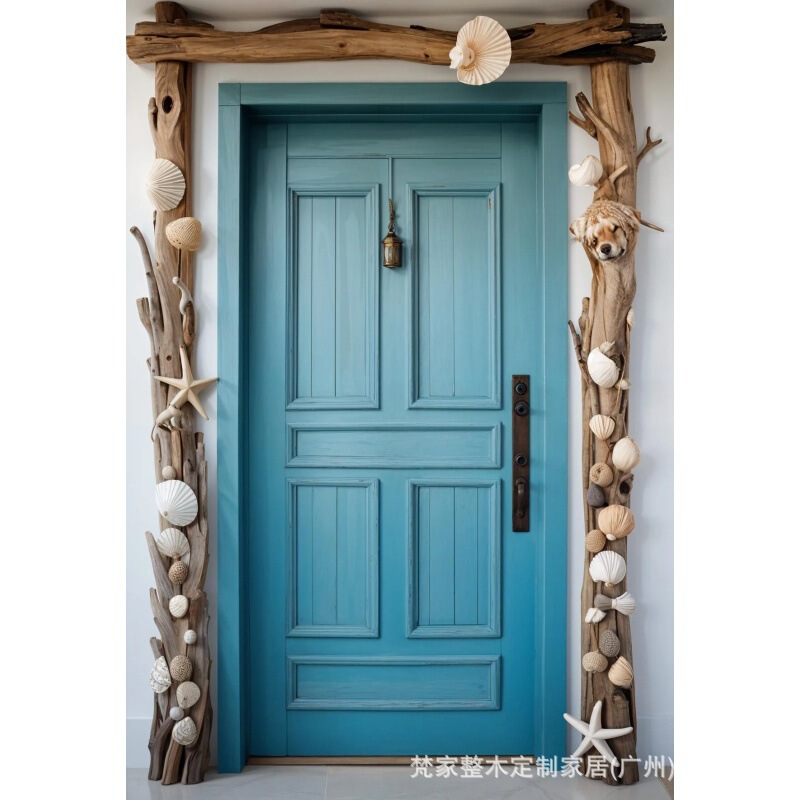 Guangzhou Factory Retro Farmhouse Design Style Solid Wood Imported Door Sea View Style Blue Arched Entrance Wooden Door