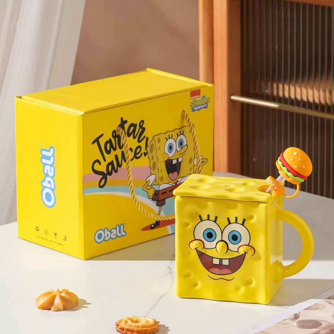 Personalidad creativa esponja bebé productos genuinos autorizado de dibujos animados taza de agua de cerámica regalo taza de paja con tapa