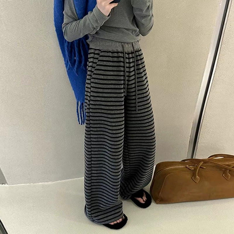 Spring fashionable trousers, высокая талия, шнурок, эластичная талия, свободный прямой крой