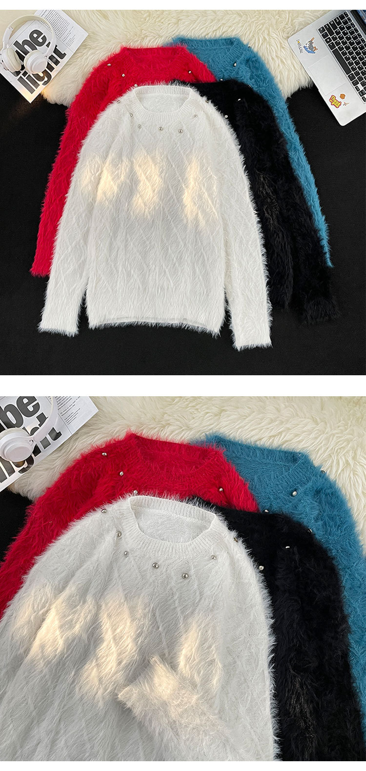 Men's Clothing mink sweater button flower design beaded high weight knitted sweater furry pullover lazy trend men_voghion.com