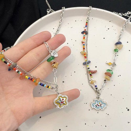 Childlike colorful flower smiley face necklace for women summer dopamine natural stone beaded high-end clavicle chain neck necklace