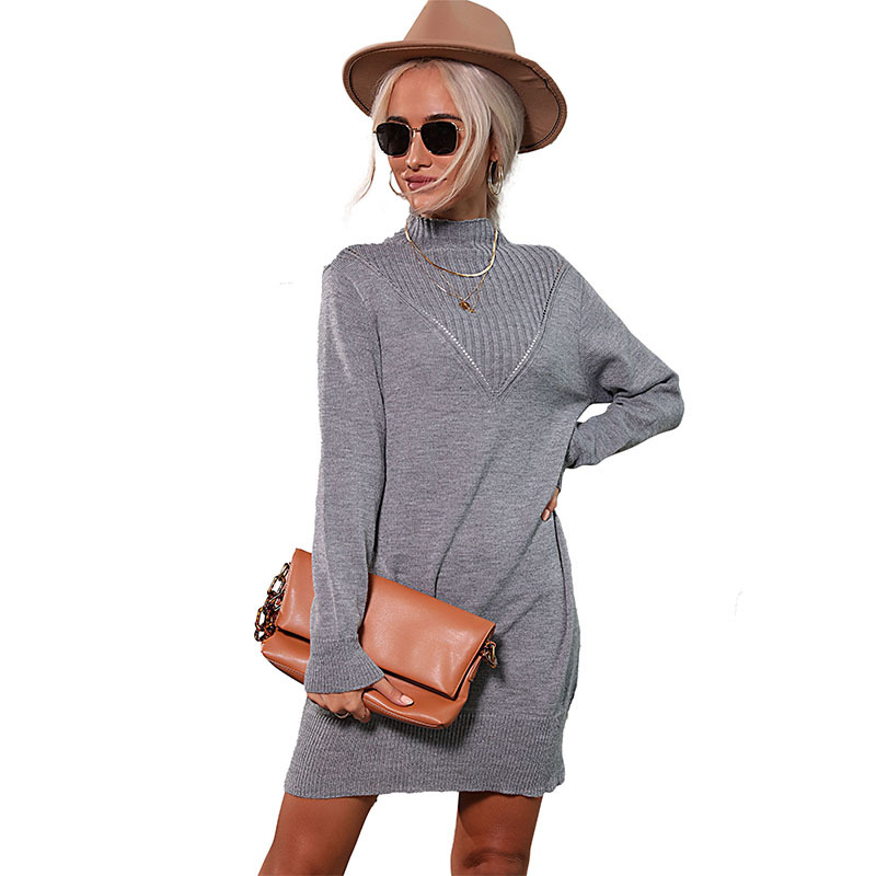 Solid Color Half Turtleneck Knitted Slim Fit Sweater Dresses_voghion.com