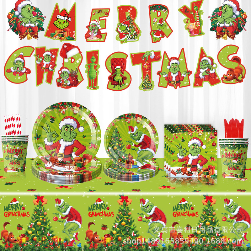 New Christmas Grinch Party Decoration Tableware Hanging Flag Tablecloth Set Supplies Arrangement Paper Plate Tableware Disposable