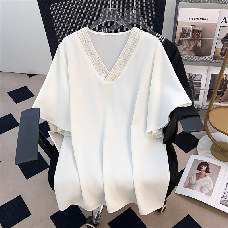 V-Neck Chiffon New Style Plus Size Slimming Loose Mid-Length Short-Sleeve T-Shirt for Women 200/300/350 Pounds 9119 V-Neck Chiffon New Style Plus Size Slimming Loose Mid-Length Short-Sleeve T-Shirt for Women 200/300/350 Pounds 9119