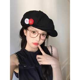 复古日系棉麻八角帽彩色毛毡纽扣画家帽不对称设计女帽