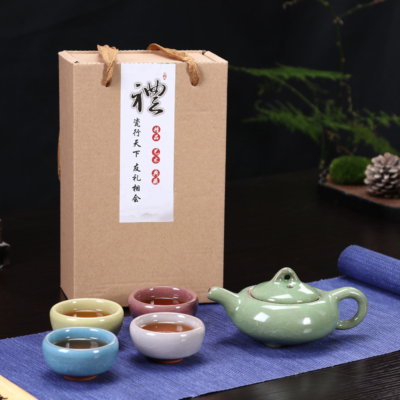 Promotional Activity Gift Set Logo of Wholesale Ice Cracked Tea Set with Four Cups, Two Tea Cups, and a Ceramic Tea Pot