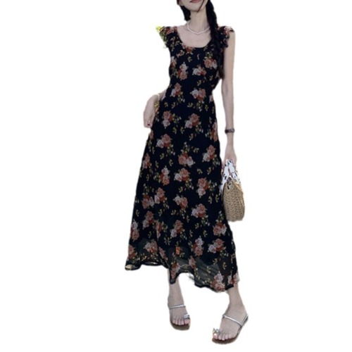 French Retro Floral Women's Summer 2024 New Fly Sleeve Design Sensory Waist Cinching Slimming A-Line Long Dress