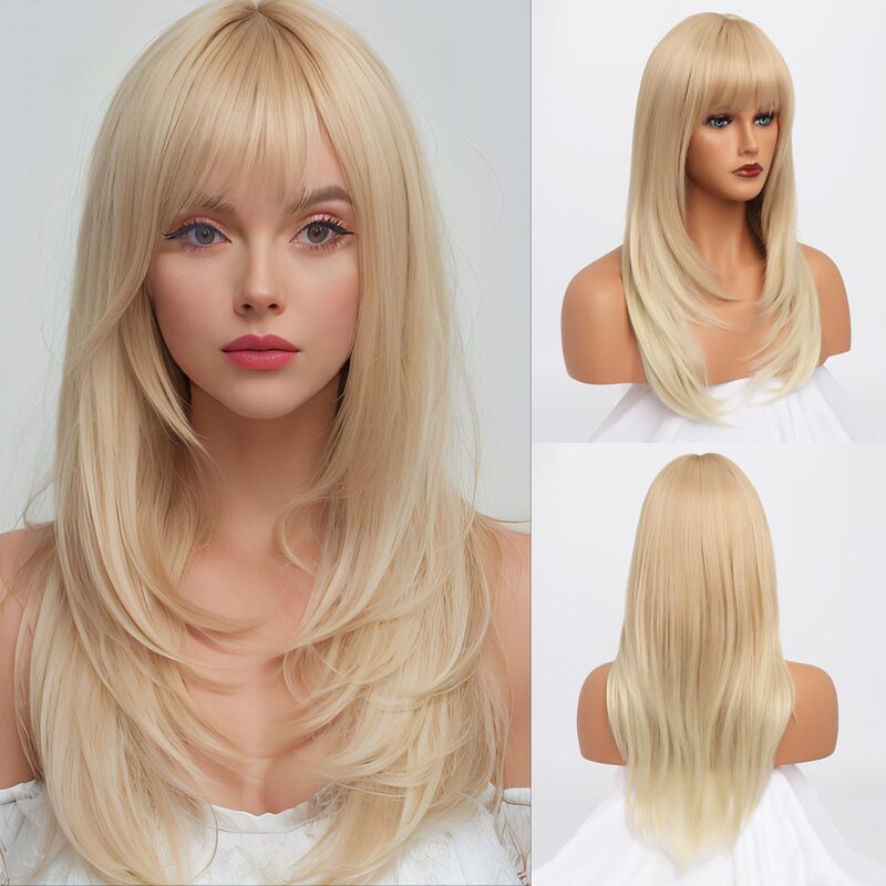 ヨーロッパとアメリカのクロスボーダーゴールデンロングヘアウィッグ女性のための前髪ストレートヘアレイヤードウィッグフルヘアスタイル化学繊維スポット卸売|undefined
