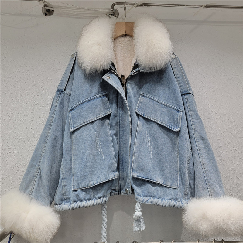 真毛领牛仔外套女加绒加厚秋冬百搭2025新款潮宽松韩版蝙蝠袖棉服