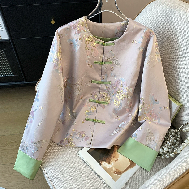 Autumn retro cardigan, jacket, Chinese style, with embroidery, round collar