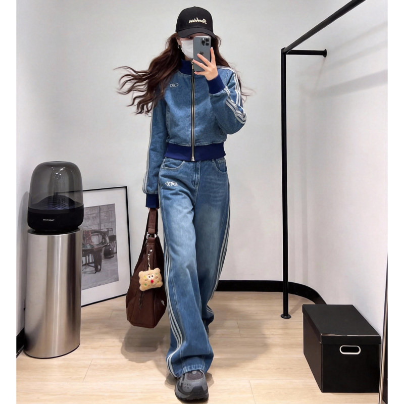 Hong Kong Style Retro Distressed White-Washed Denim Stand-Collar Jacket Short Coat Slimming Loose Wide-Leg Pants Two-Piece Set