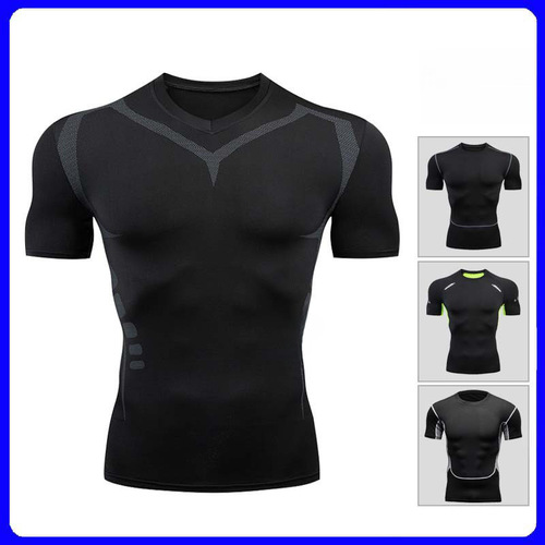 Men's European and American Style Tight Fitting Summer Quick Dry Fitness Top Highly Elastic Training Short Sleeve Sweat Absorbent Men's Outdoor Sports Clothing