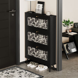 Black Ultra-Thin Tipping Bucket Shoe Cabinet for Home Entrance New Shoe Rack Popular Retro Decal Entrance Door Extremely Narrow Small Shoe Rack