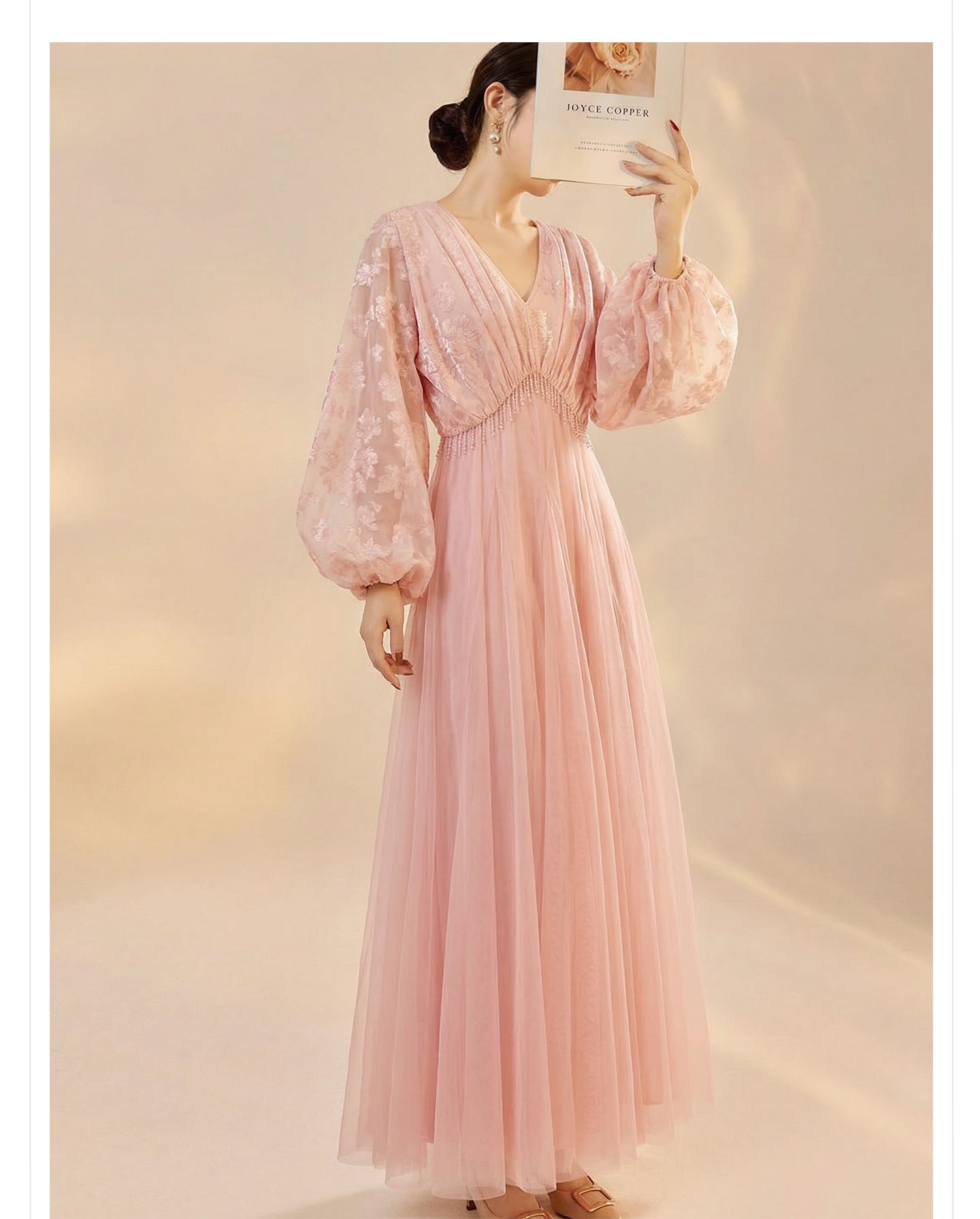 Đầm maxi nữ cổ V tay dài phong cách Trung Quốc mới, thiết kế thắt eo, dáng suông nhẹ — màu hồng chi tiết 14