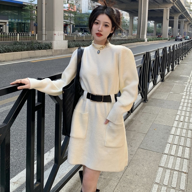 亚马逊复古气质针织连衣裙子秋冬季女装御姐风感打底内搭毛衣配大|undefined