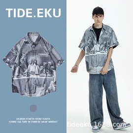 TIDEEKU美式复古衬衫男夏季新款人物印花古着港风ins潮设计感衬衣