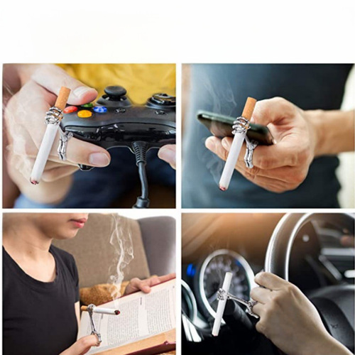 Euro-style Cross-border New Hand Bone Smoking Ring, Unique Ring with Cigarette Holder—Thick Cigar Version, Skull-Shaped Bracket & Clip