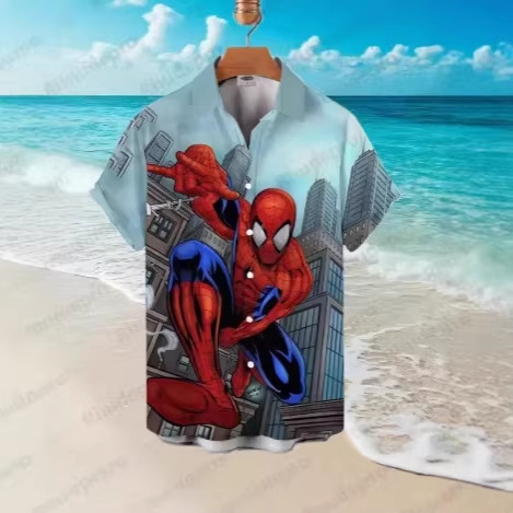2025 Modern Spider-Man Warrior Print Lapel Hawaiian Short Sleeve Casual Shirt Men's Summer Short Sleeve Shirt