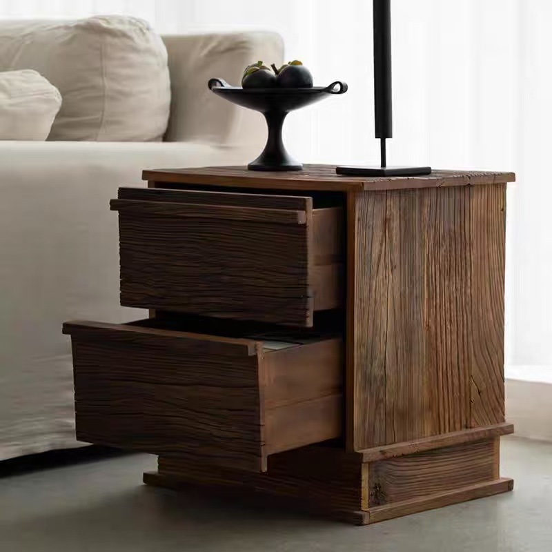 Wabi-Sabi Style Old Elm Bedside Table Hotel B&B Double-Layer Drawer Storage Cabinet Home Bedroom Bedside Storage Cabinet