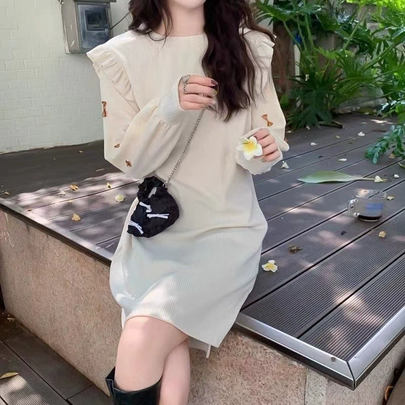 Новое платье 2025 года, дизайн «сладкая юбка», женственное, с бантом, имитация двух частей, пышные рукава