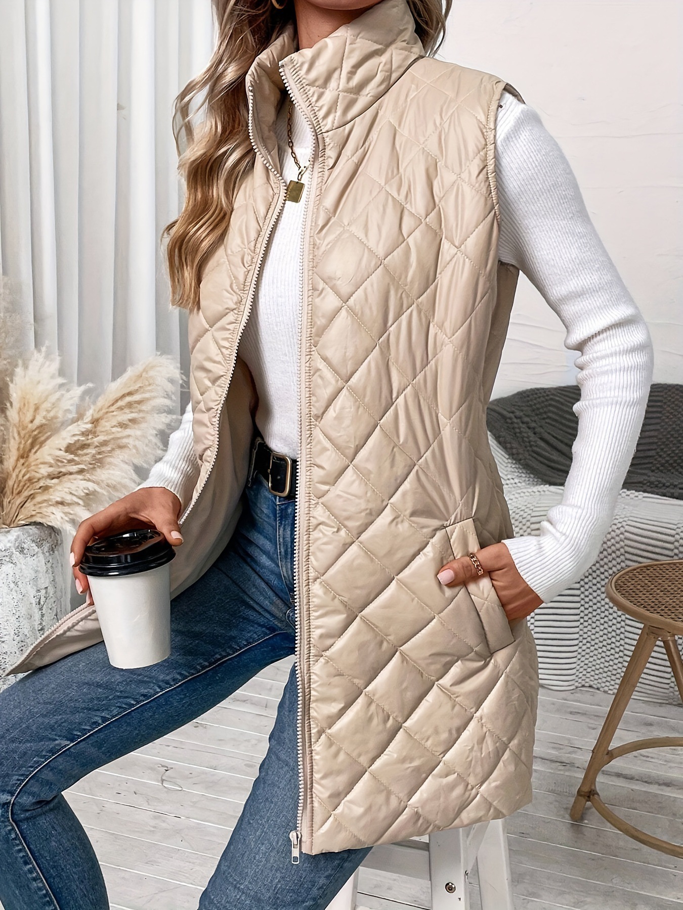 Polyester Fabric Type Women's Casual Solid Color Zipper Coat Cotton Clothes Vest