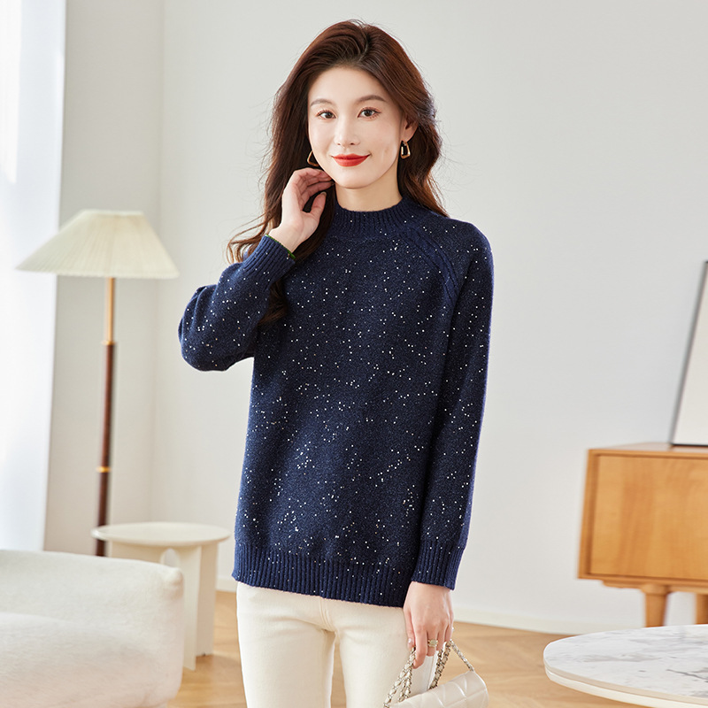 양모 중간 길이의 하프 터틀넥 스웨터 2024 가을과 겨울 새로운 레이드 백 느슨한 중간 길이의 니트 베이스 탑