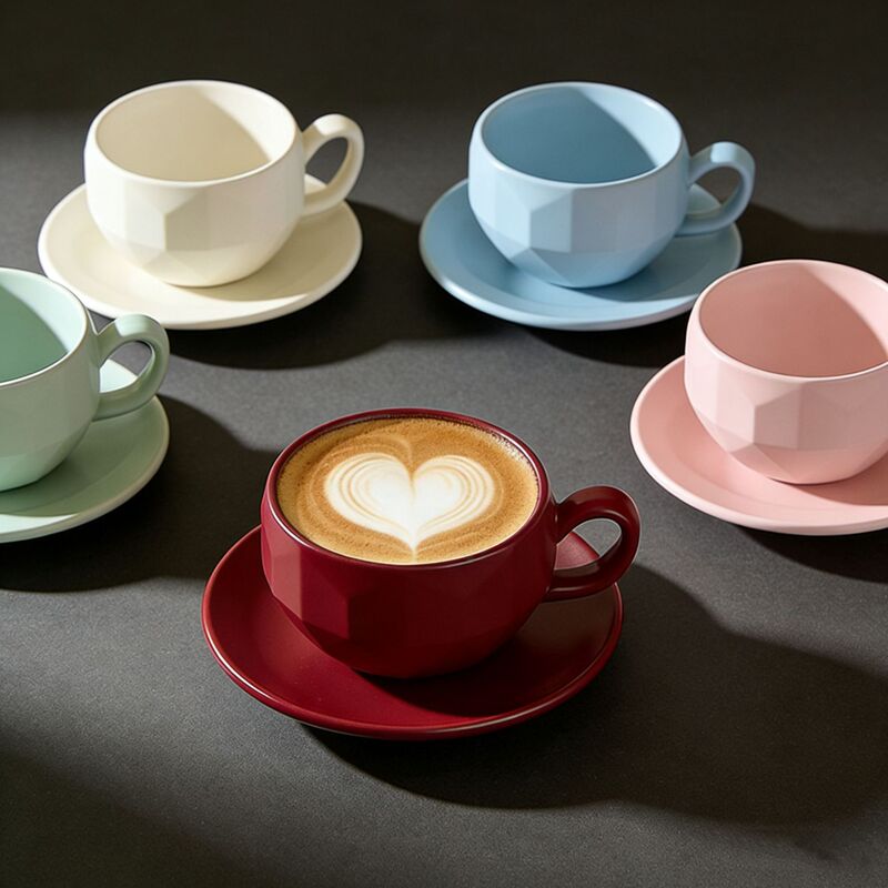 Original Prismatic Square Egg-Shaped Latte Art Cup, Embossed Ceramic Coffee Cup and Saucer, Cappuccino Cup and Saucer Set