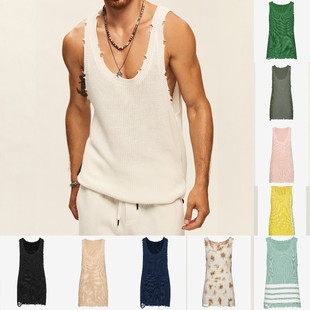 Amazon Hot Selling European and American Men's Knitted Sleeveless Vest Loose Casual Top Sling Top Sleeveless T-shirt for Men