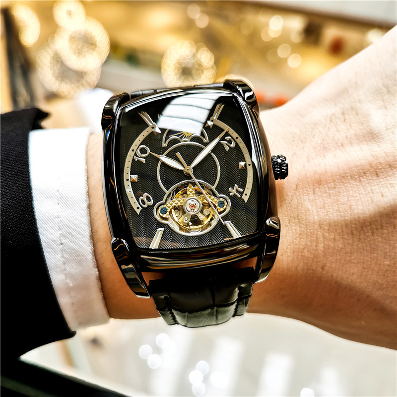 Ogulas reloj cuadrado de los hombres gran dial hueco transparente reloj mecánico automático de gama alta de cuero casual reloj de los hombres