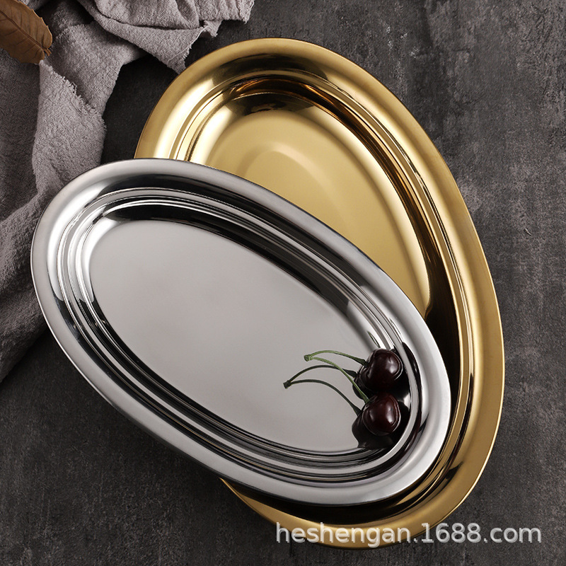 Factory Direct Stainless Steel Oval Plate Egg-shaped Steamed Fish Plate Korean-style Golden Plate Barbecue Rice Bowel Meal Plate