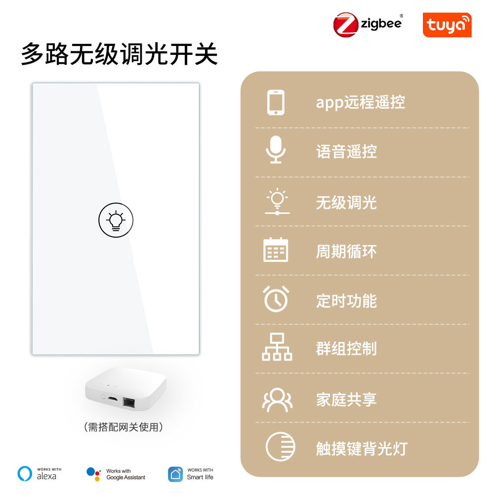 Zigbee Smart Home Touch Dimmer Switch App with Timer Voice Remote and Continuous Dimming Switch