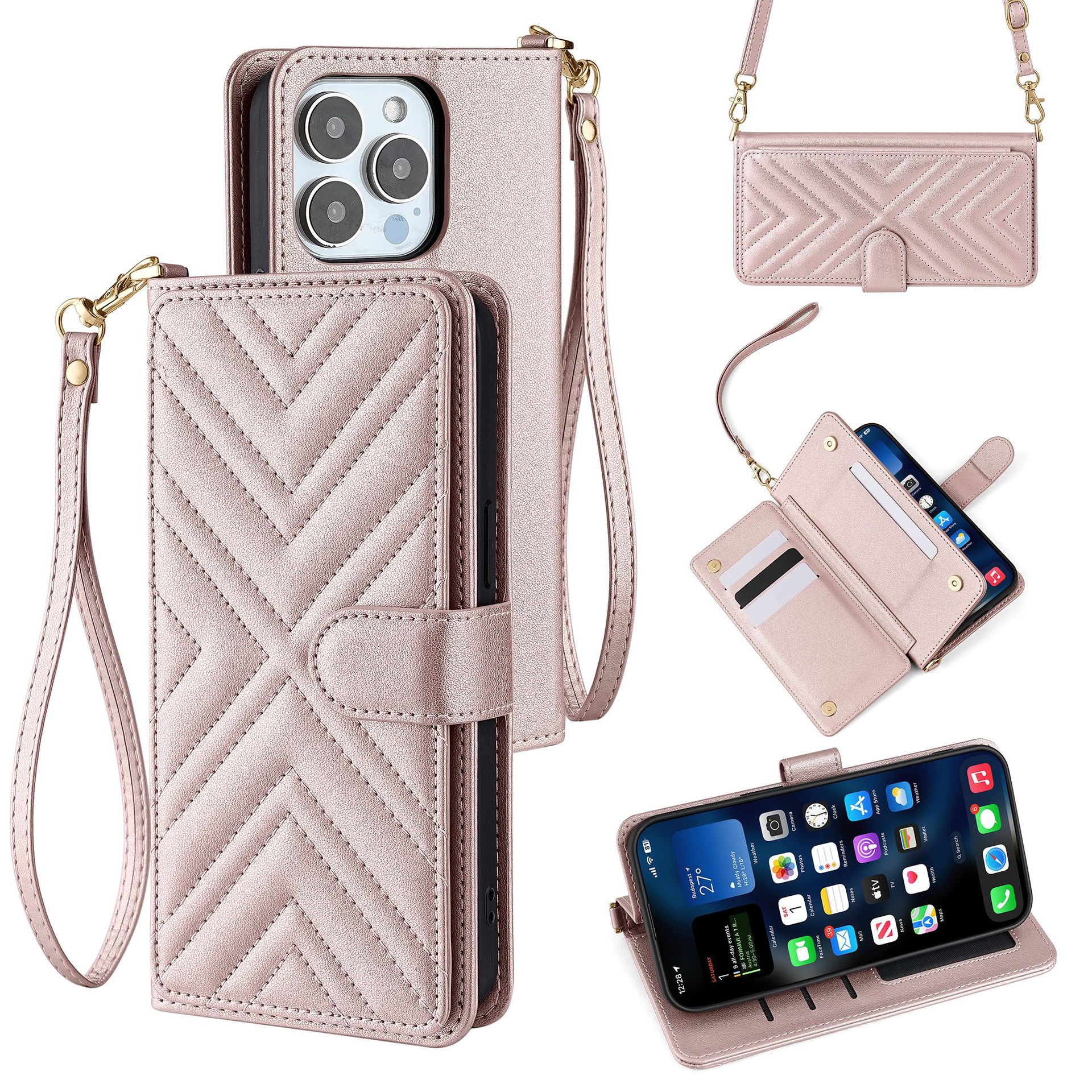 适用iPhone16手机皮套 三星S25菱形多功能插卡钱包斜跨保护套A16